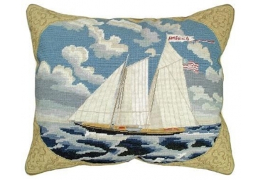Schooner America Needlepoint Pillow 100% Wool