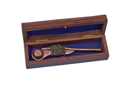 Antique Copper Boatswain (Bosun) Whistle 5" w/ Rosewood Box
