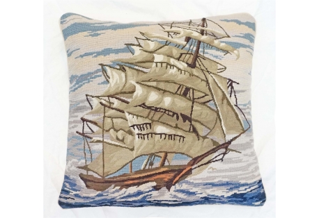 Handmade Needlepoint Pillow Made from Wool Tall Ship 