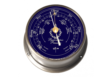 This high quality barometer in a hand polished and lacquered 6" brushed nickel case, can be mounted directly on a wall, wooden plaque, or on a mantle stand