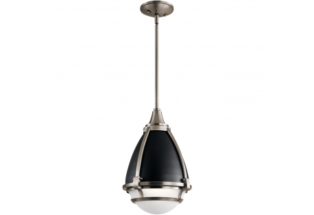 A two-tone finish featuring Classic  and industrial-era hardware give this 1-light pendant from the nautical collection vintage vibe 
