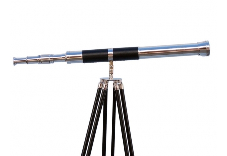 Admiral's Floor Standing Chrome with Leather Telescope 60" is a beautiful, 100% chrome, refractor telescope mounted on a wooden tripod.  