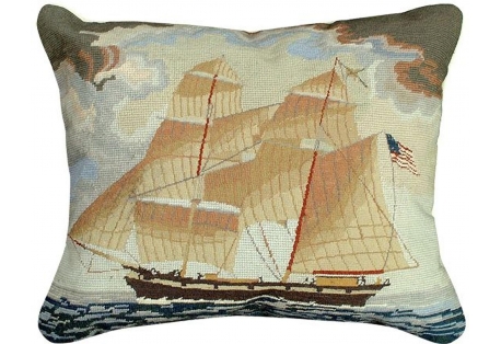 Handmade pillow from 100% Wool with a cotton velvet zippered back depiction of a tall ship 