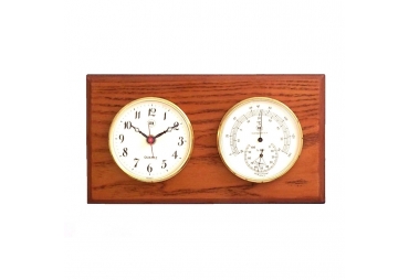 Clock and Thermometer with Hygrometer on Oak Wood with Brass Bezel.