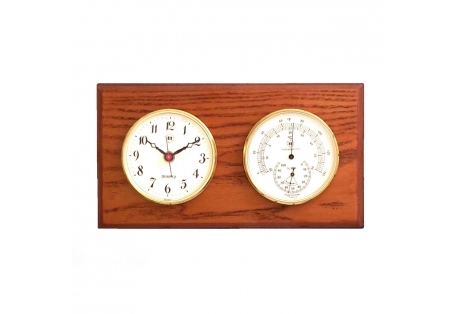 Quartz Clock and Thermometer with Hygrometer on Oak Wood with Brass Bezel. Wall Mounts Vertically or Horizontally.

