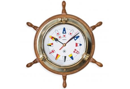 Lacquered Brass Porthole Quartz Clock on Oak Ship's Wheel with Nautical Flags Dial Face. 

