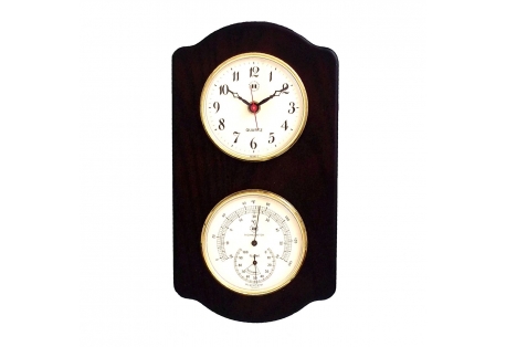 Quartz Clock and Thermometer with Hygrometer on Ash Wood with Brass Bezel. Wall Mounts Vertically or Horizontally.