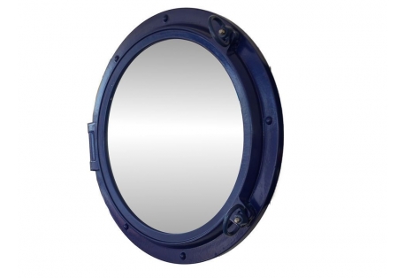 Functional porthole mirror that will reflect the light in any space  Handcrafted and hand-painted a navy blue finish by our master artisans