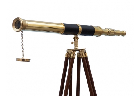 This Hampton Nautical Admiral's Floor Standing Brass with Leather Telescope 60" is a beautiful, 100% brass, refractor telescope mounted on a wooden tripod.