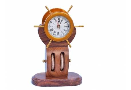 Solid Brass Ship Wheel Clock on Wooden Pulley 12"
