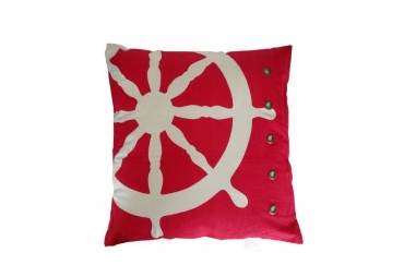 Red Ship Wheel Nautical Pillow with Rivets 18"