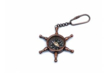 Antique Copper Ship Wheel Compass Key Chain 5"