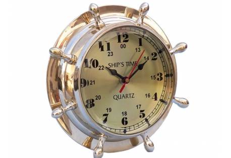 Brass Double Dial Wheel Clock 8"