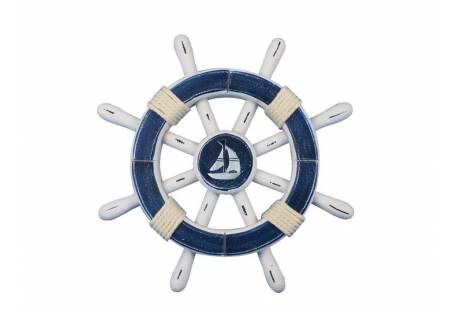 Rustic Blue And White Decorative Ship Wheel With Sailboat 12"