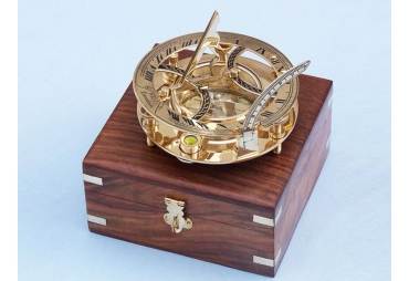 Solid Brass Round Sundial Compass w/ Rosewood Box 6"