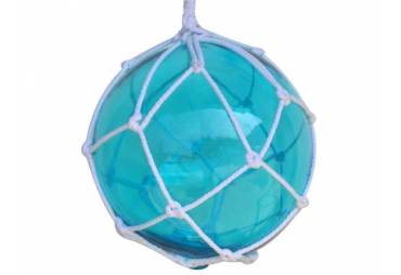 Japanese Glass Ball Light Blue Fishing Float With White Netting Decoration 12"
