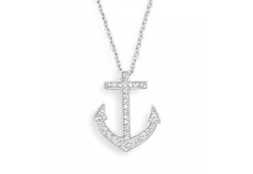 18" Rhodium Plated CZ Anchor Necklace
