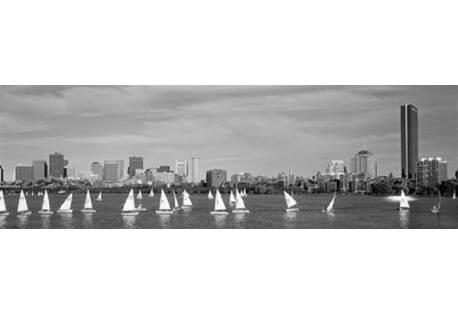 Black and white view of boats on a river by a city, Charles River, Boston 