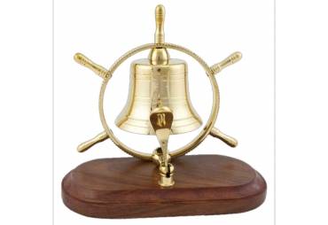 Solid Brass Ship Wheel Bell on Wood Base 7"