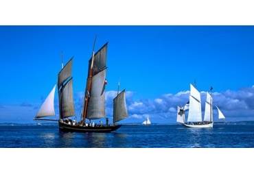 Tall ship regatta featuring Cancalaise and Granvillaise, Baie De Douarnenez, Finistere, Brittany
