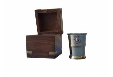 Brass and Copper Anchor Shot Glass w/ Rosewood Box 3"