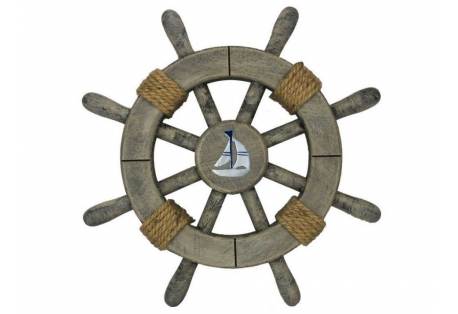 Rustic Decorative Ship Wheel With Sailboat 12"