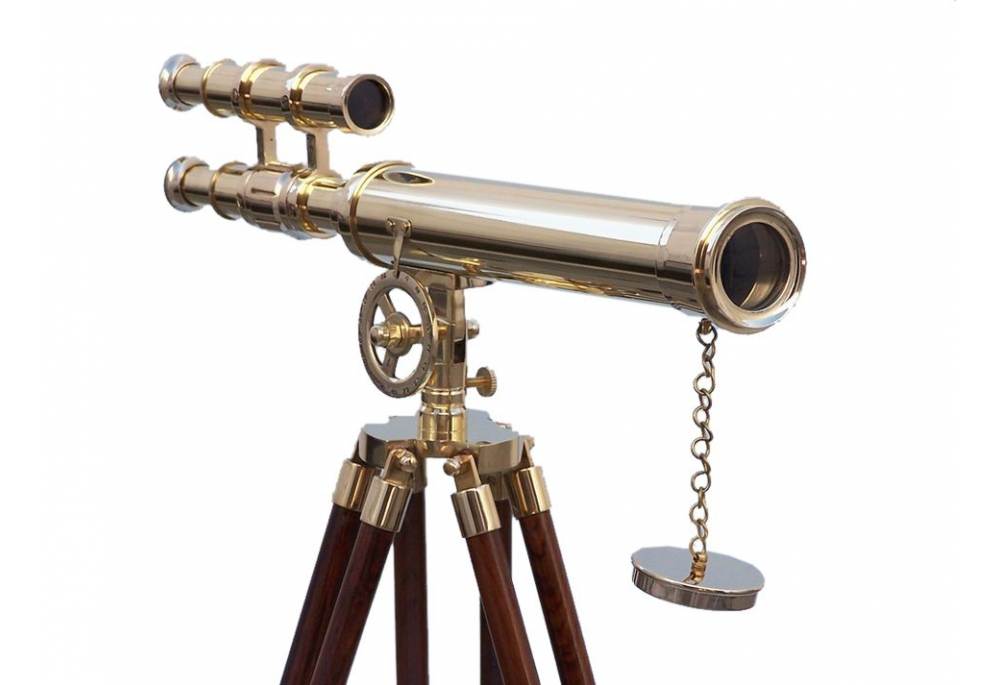 BRASS DOUBLE BARREL GRIFFITH TELESCOPE WITH BROWN TRIPOD STAND NAUTICAL 