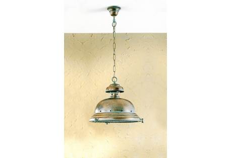 Classic maritime shape brass light pendant and a glass shade protected by a twisted wire cage