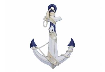 Wooden Rustic Blue/White Anchor w/ Hook Rope and Shells 24"