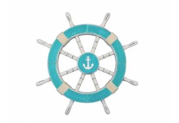 Rustic Light Blue And White Decorative Ship Wheel With Anchor 18"