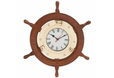 Wood Brass Ship Wheel Porthole Clock
