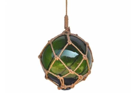 Green Japanese Glass Ball Fishing Float With Brown Netting Decoration 12"