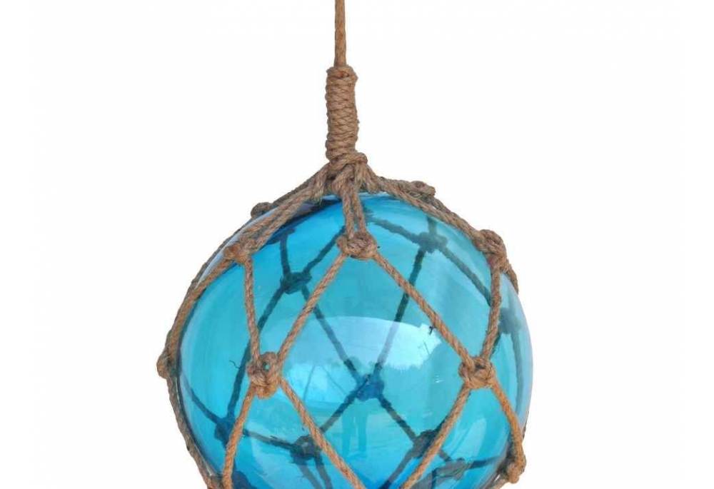 light blue japanese glass ball fishing float with brown