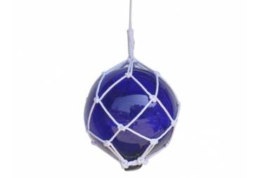 Blue Japanese Glass Ball Fishing Float With White Netting Decoration 12"