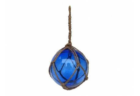 Blue Japanese Glass Ball Fishing Float With Brown Netting Decoration 4"
