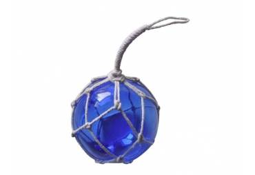 Blue Japanese Glass Ball Fishing Float With White Netting Decoration 4"