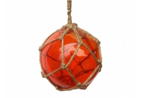 Orange Japanese Glass Ball Fishing Float With Brown Netting Decoration 4"