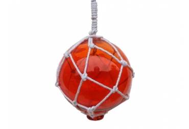 Orange Japanese Glass Ball Fishing Float With White Netting Decoration 4"
