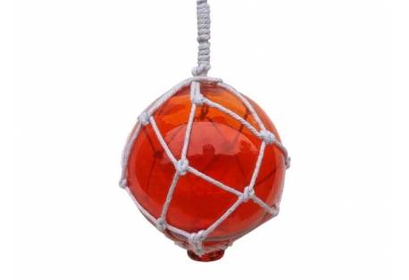 Orange Japanese Glass Ball Fishing Float With White Netting Decoration 4"