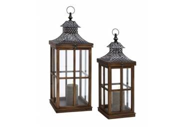  Ethnic and Traditional Wood Metal Glass Lantern Set of Two