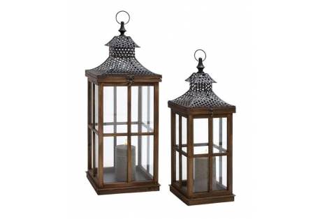  Ethnic and Traditional Wood Metal Glass Lantern Set of Two