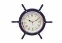 Nautical Wall Decor Dark Blue Wood And Chrome Ship Wheel Clock 15"