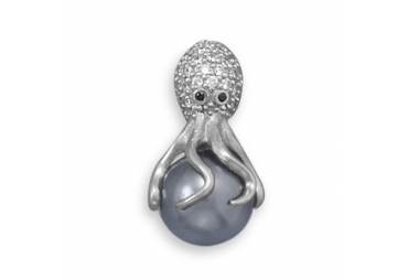Rhodium Plated CZ and Simulated Pearl Octopus Slide