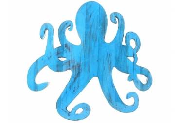 Wooden Rustic Light Blue Octopus Wall Mounted Decoration 25" Beach Style Decor 