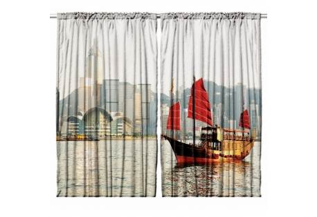 3D Digital Printed Room Curtain Hong Kong Water View and Chinese Junk Boat 