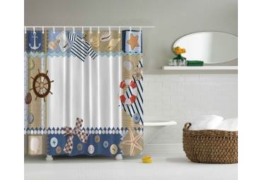 Nautical Theme Shower Curtain Ship Wheel, Sea Shells, Anchor