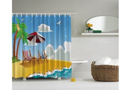 Beach SHOWER CURTAIN Chair Ocean Umbrella Palm Tree Fabric Bath Room Decor