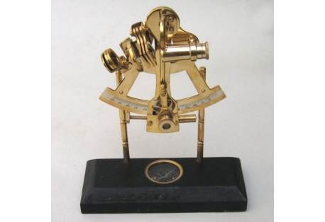 Brass Sextant on Wooden Base with Compass