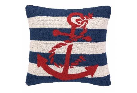 Anchor with Blue  Stripe Hand Made Hooked Throw Pillow 