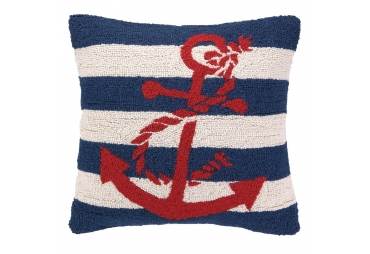 Anchor with Blue Stripe Hand Made Hooked Throw Pillow 